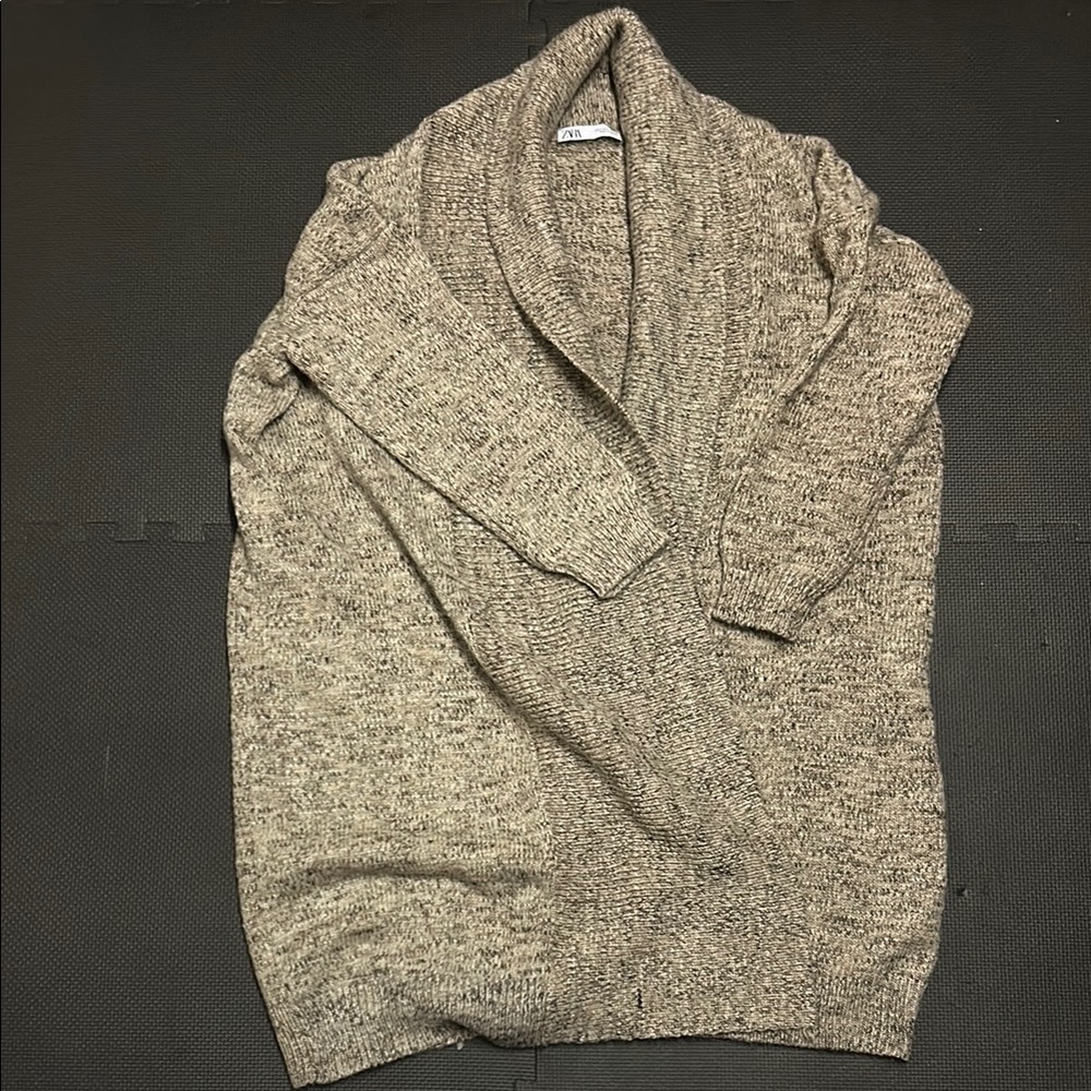 Zara Tan Cardigan Sweater Cozy Knit Shawl Collar